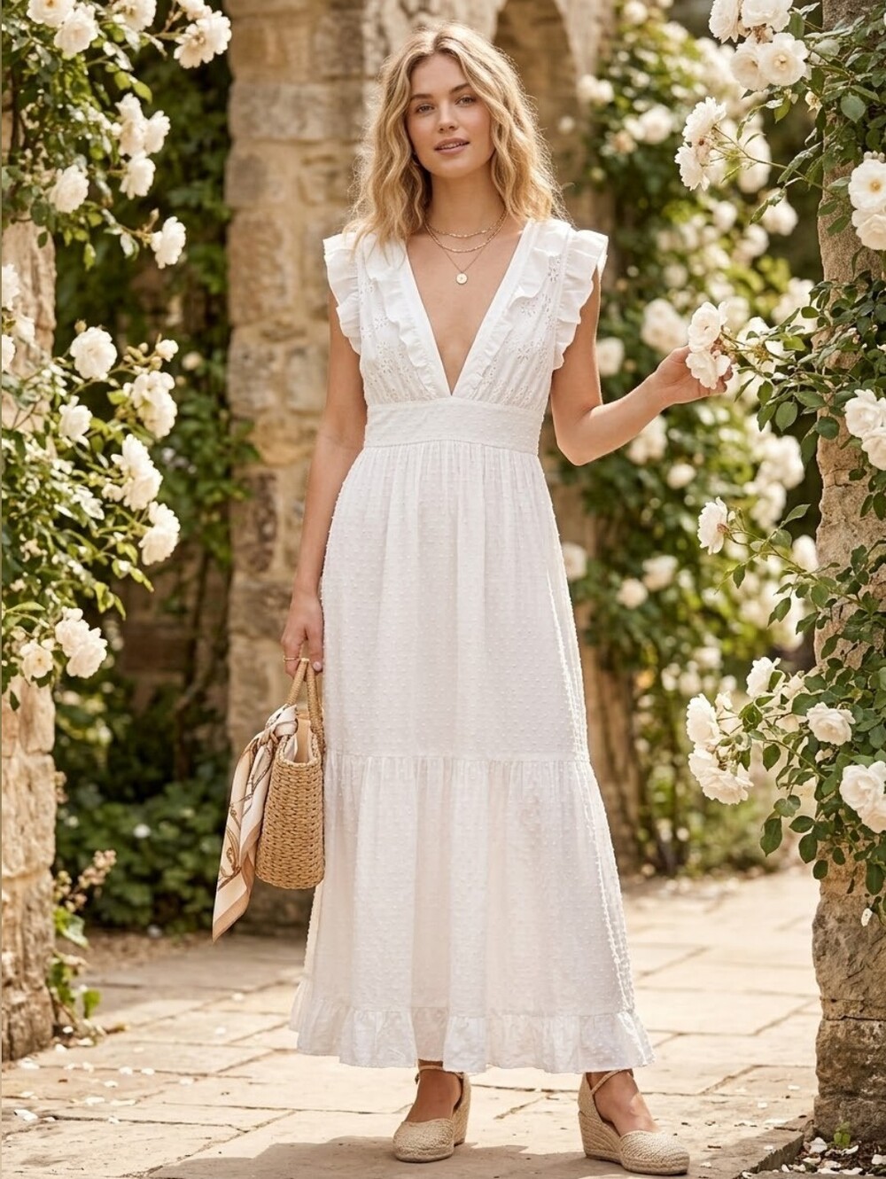 Heartloom Bonnie White Eyelet Maxi  Dress Cottagecore Boho Ruffle V-Neck Small